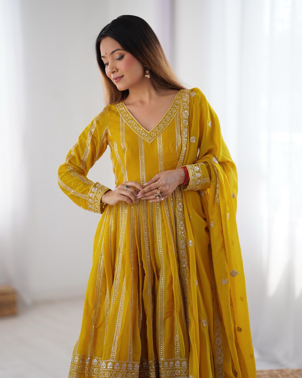 Elegant Star Georgette Embroidered Gown with Plain Pant and Thread Work Dupatta - Jaipuri Vastra