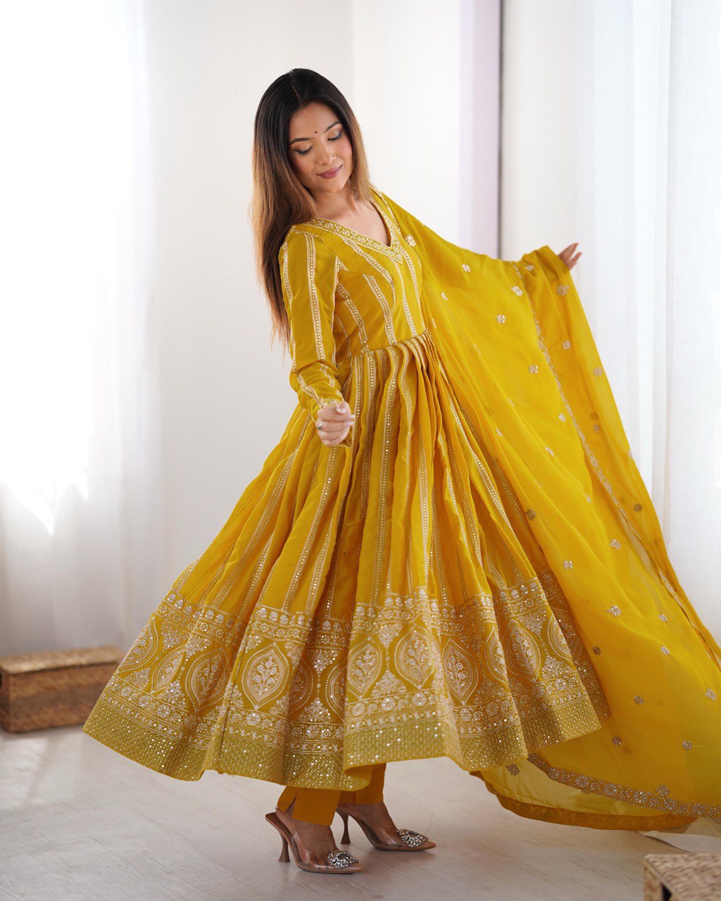 Elegant Star Georgette Embroidered Gown with Plain Pant and Thread Work Dupatta - Jaipuri Vastra