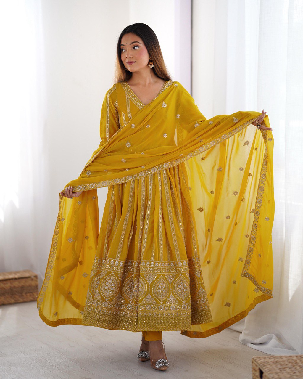 Elegant Star Georgette Embroidered Gown with Plain Pant and Thread Work Dupatta - Jaipuri Vastra