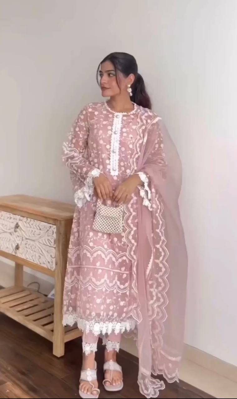 Party Wear Soft Net Suit Set with Fancy Embroidered Top, Plain Pant and Designer Dupatta - Jaipuri Vastra