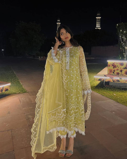 Party Wear Soft Net Suit Set with Fancy Embroidered Top, Plain Pant and Designer Dupatta - Jaipuri Vastra