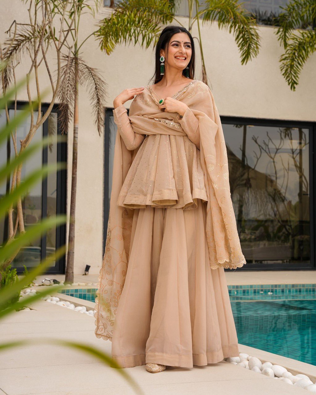 Dreamy Drapes Tabby Organza Palazzo Suit with Coordinated Soft Dupatta - Jaipuri Vastra