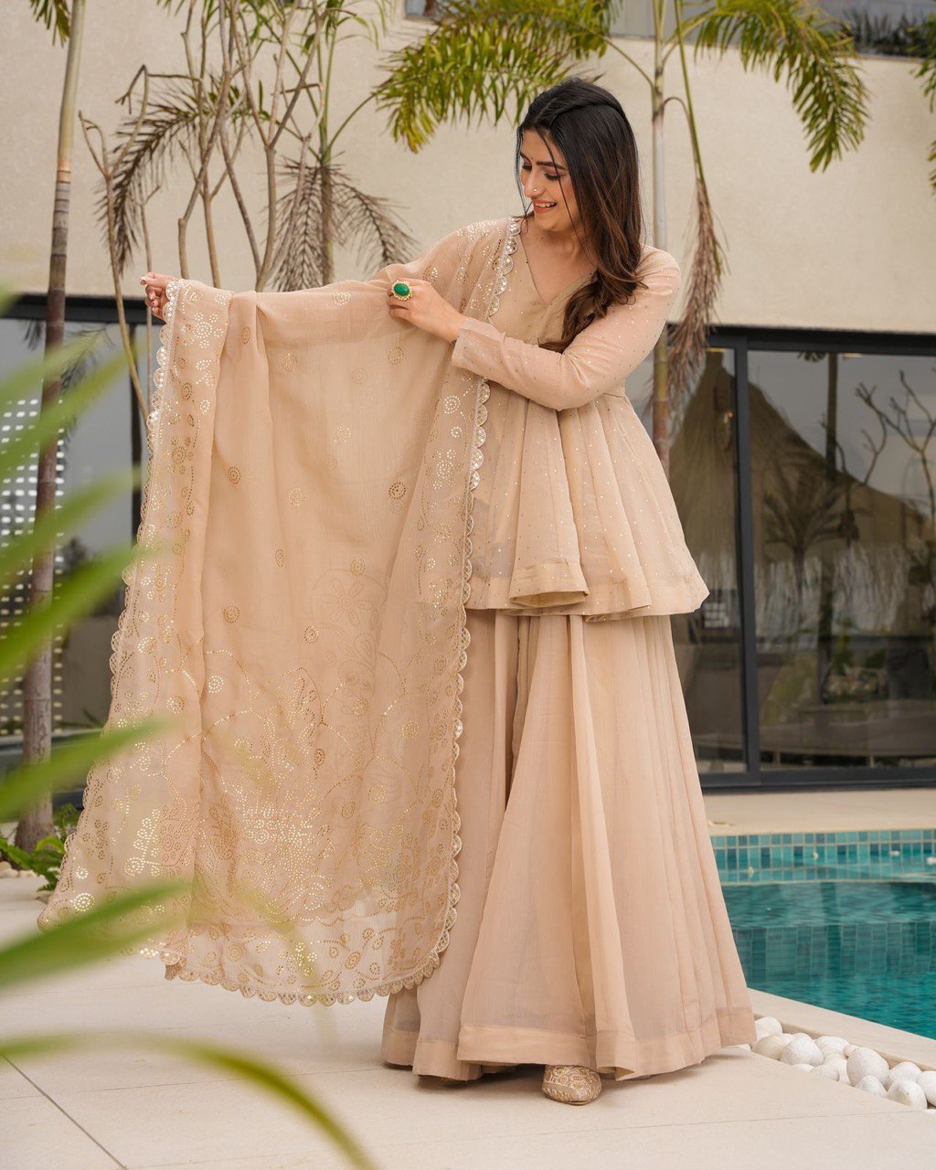 Dreamy Drapes Tabby Organza Palazzo Suit with Coordinated Soft Dupatta - Jaipuri Vastra