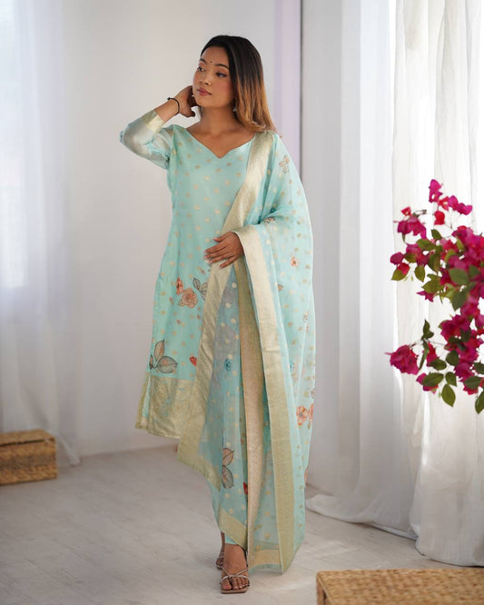 Chanderi Silk Jacquard Work Suit Set with Plain Pant and Matching Dupatta - Jaipuri Vastra