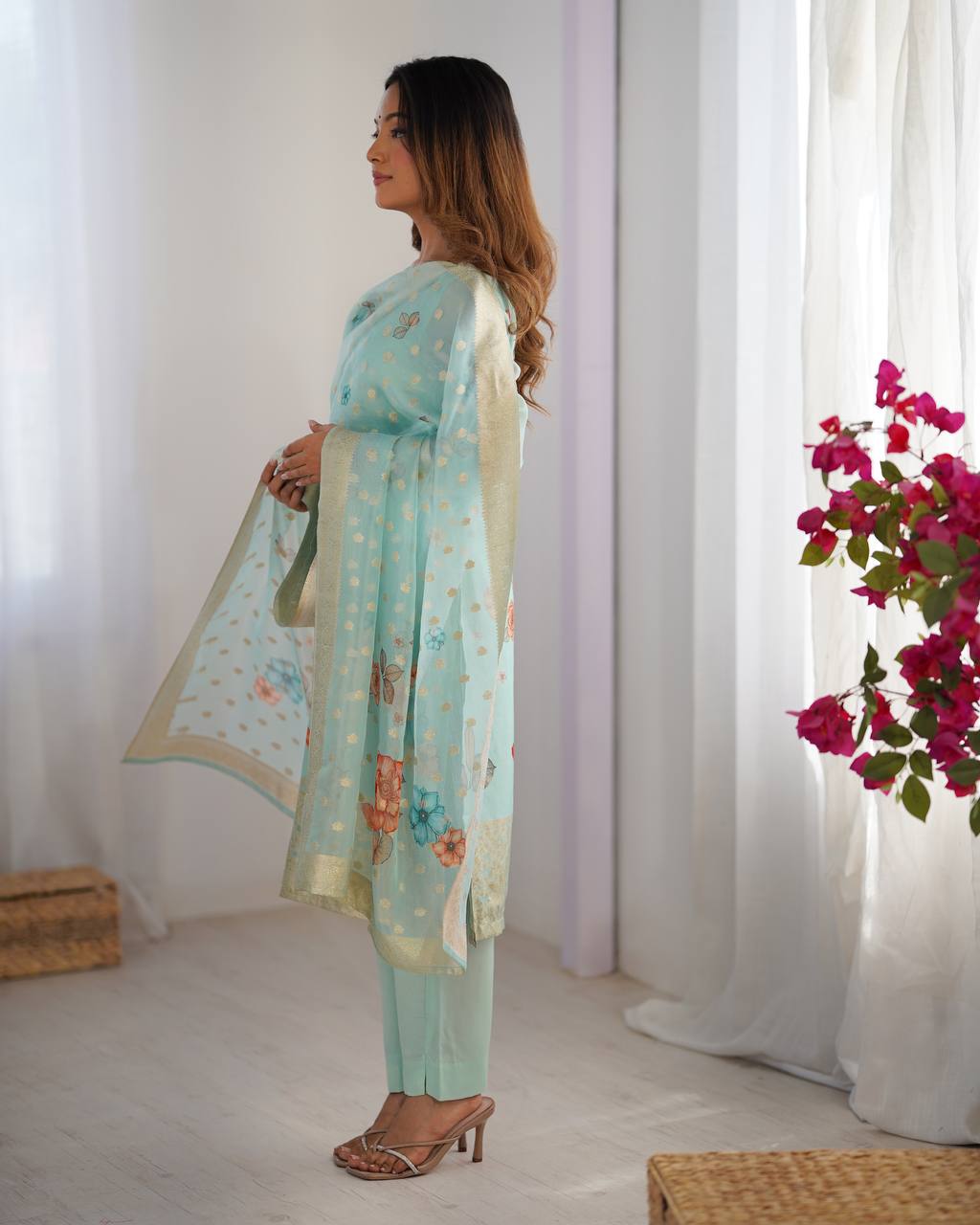 Chanderi Silk Jacquard Work Suit Set with Plain Pant and Matching Dupatta - Jaipuri Vastra