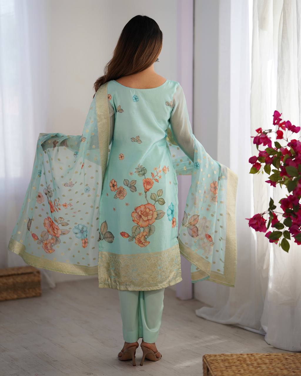 Chanderi Silk Jacquard Work Suit Set with Plain Pant and Matching Dupatta - Jaipuri Vastra