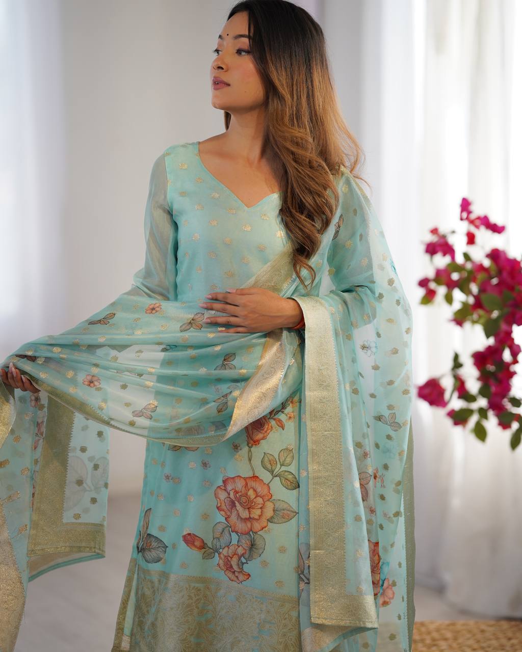 Chanderi Silk Jacquard Work Suit Set with Plain Pant and Matching Dupatta - Jaipuri Vastra