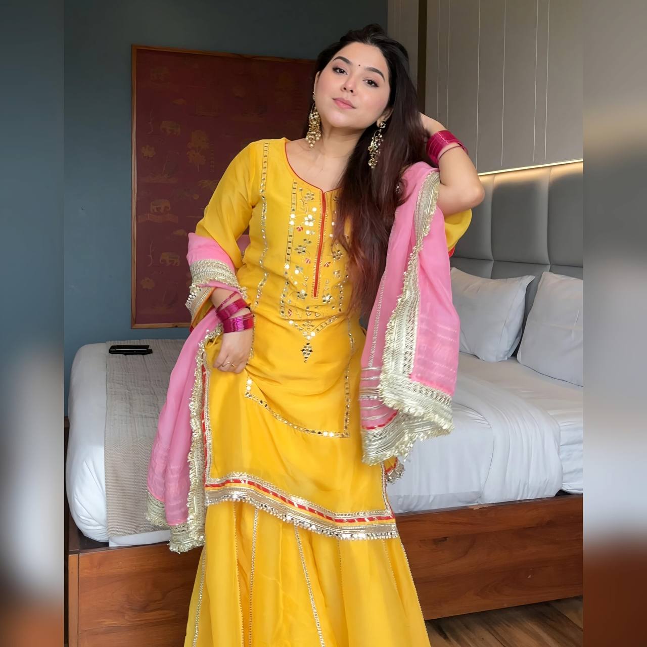 Designer Chinon Silk Sharara Suit with Heavy Sequins and Zari Thread Embroidery - Jaipuri Vastra