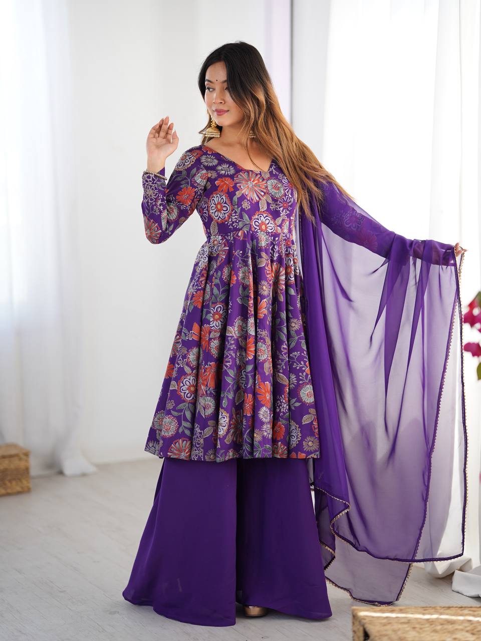 Soft Romansilk Chanderi Discharge Print Kediya Kurta Set with Palazzo and Dupatta - Jaipuri Vastra