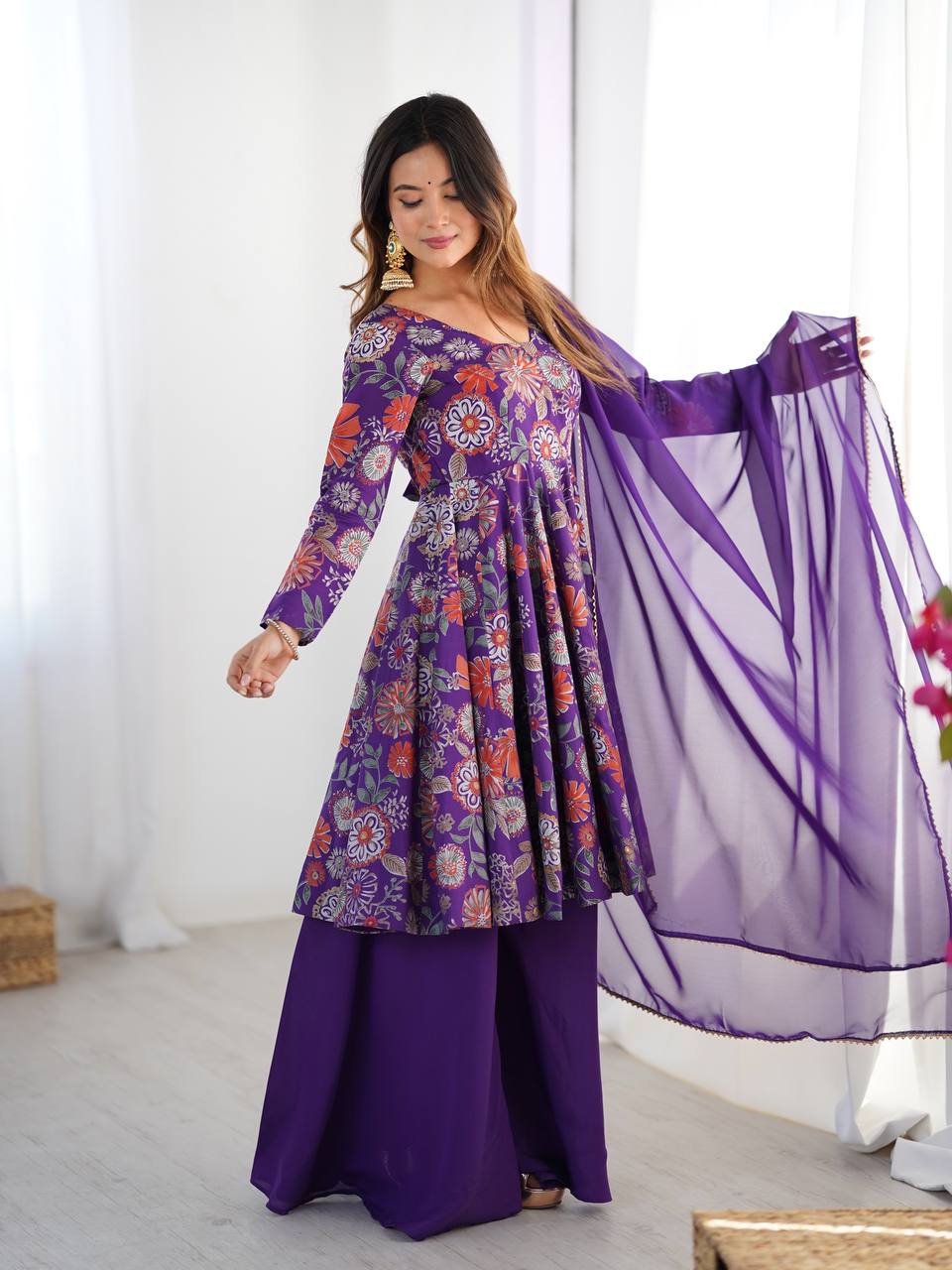 Soft Romansilk Chanderi Discharge Print Kediya Kurta Set with Palazzo and Dupatta - Jaipuri Vastra