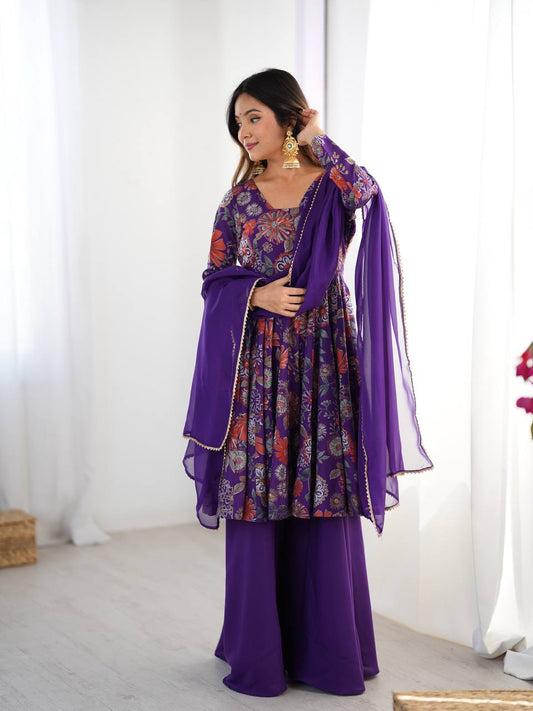 Soft Romansilk Chanderi Discharge Print Kediya Kurta Set with Palazzo and Dupatta - Jaipuri Vastra