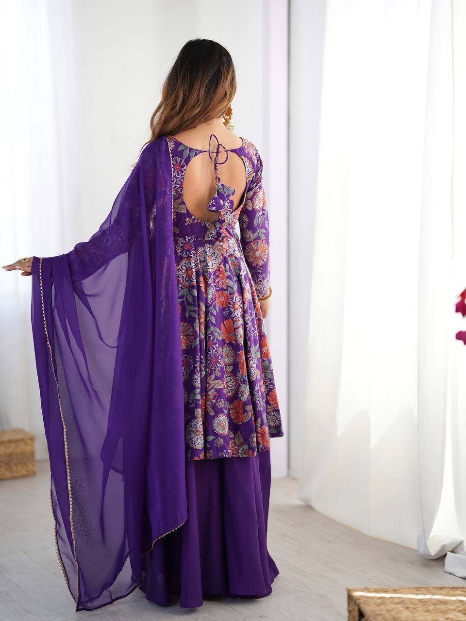 Soft Romansilk Chanderi Discharge Print Kediya Kurta Set with Palazzo and Dupatta - Jaipuri Vastra