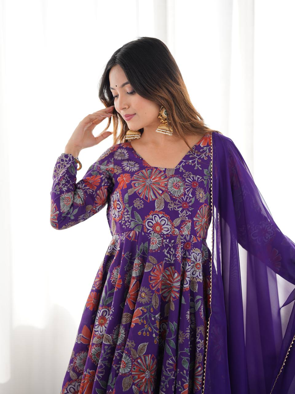 Soft Romansilk Chanderi Discharge Print Kediya Kurta Set with Palazzo and Dupatta - Jaipuri Vastra