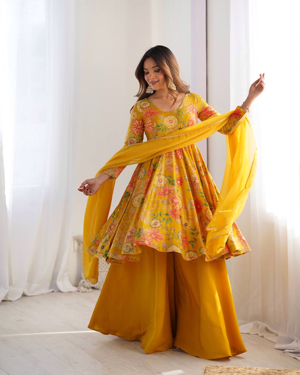 Soft Romansilk Chanderi Discharge Print Kediya Kurta Set with Palazzo and Dupatta - Jaipuri Vastra