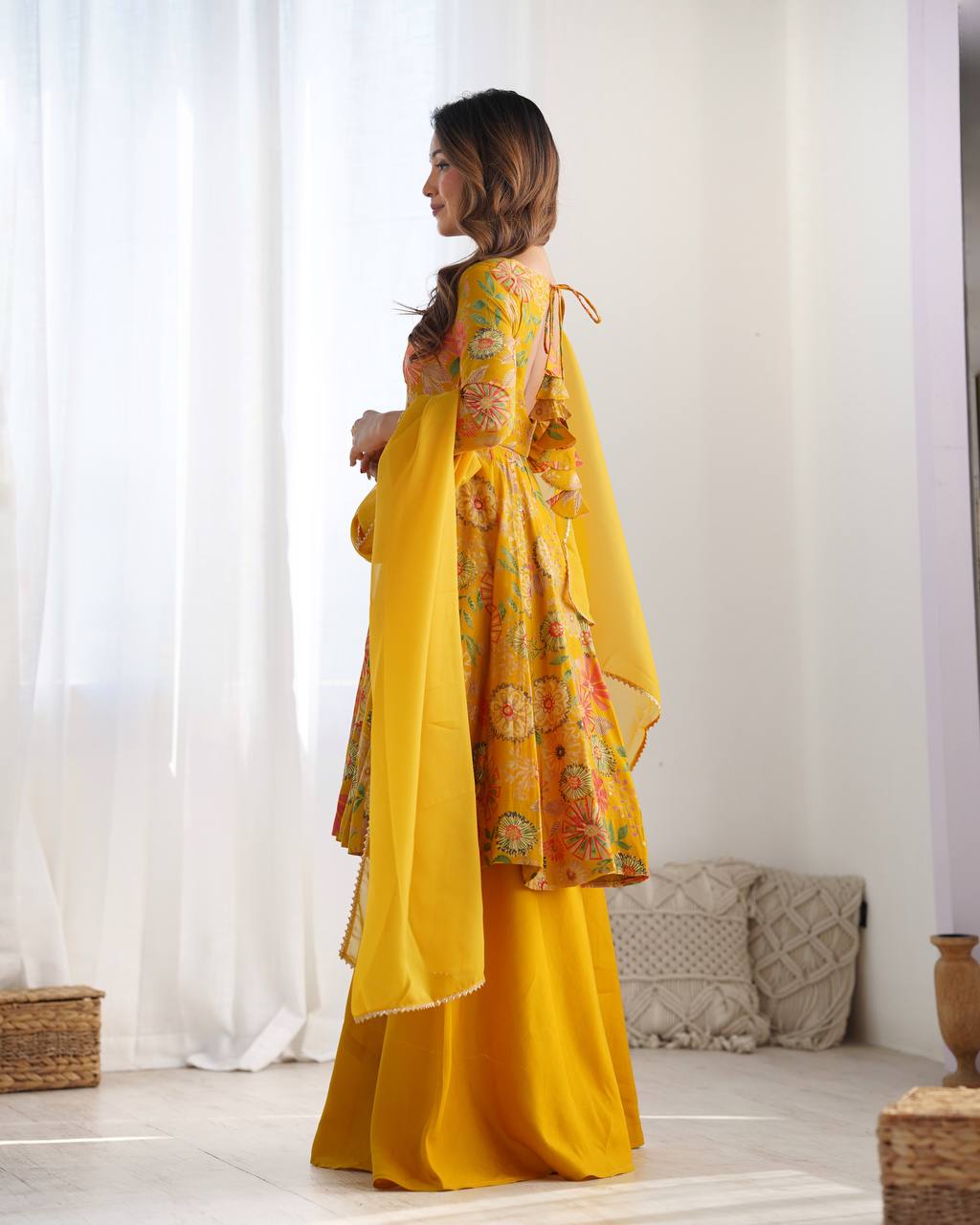 Soft Romansilk Chanderi Discharge Print Kediya Kurta Set with Palazzo and Dupatta - Jaipuri Vastra