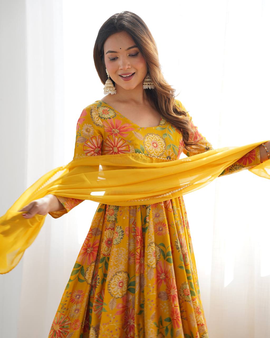 Soft Romansilk Chanderi Discharge Print Kediya Kurta Set with Palazzo and Dupatta - Jaipuri Vastra