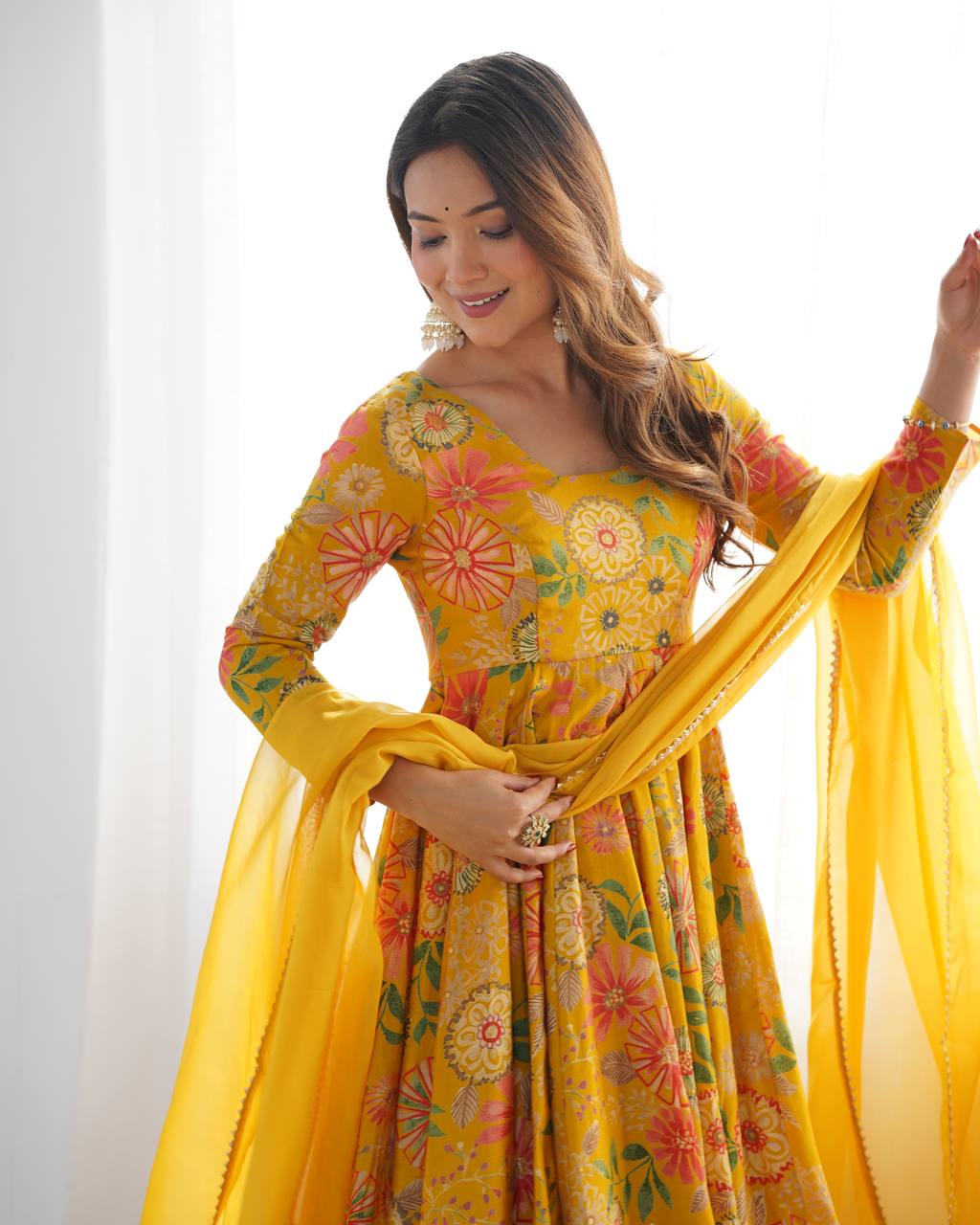 Soft Romansilk Chanderi Discharge Print Kediya Kurta Set with Palazzo and Dupatta - Jaipuri Vastra