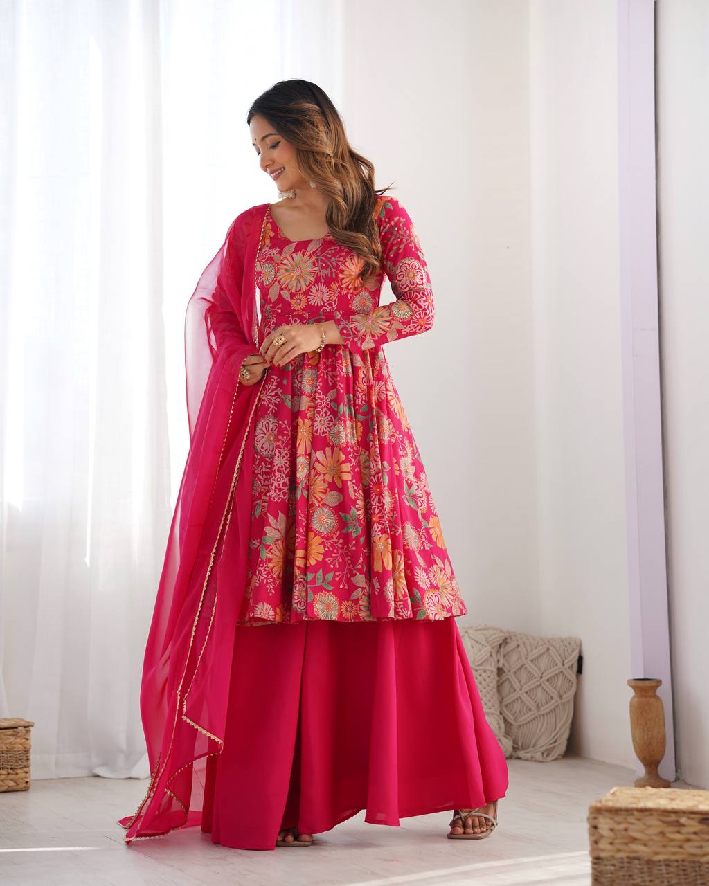 Soft Romansilk Chanderi Discharge Print Kediya Kurta Set with Palazzo and Dupatta - Jaipuri Vastra