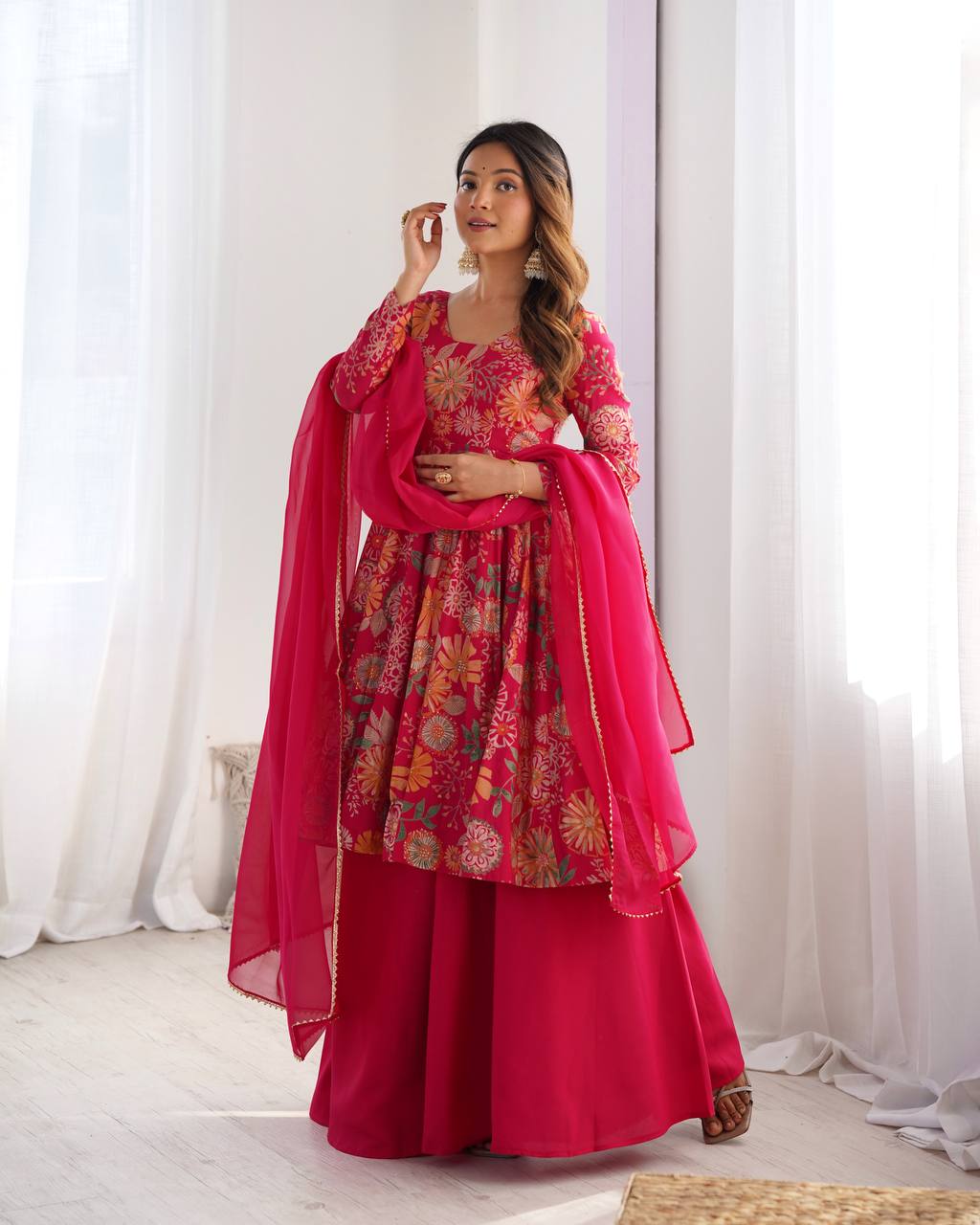 Soft Romansilk Chanderi Discharge Print Kediya Kurta Set with Palazzo and Dupatta - Jaipuri Vastra