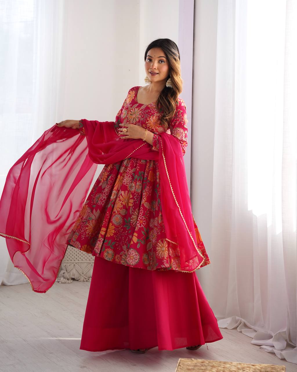 Soft Romansilk Chanderi Discharge Print Kediya Kurta Set with Palazzo and Dupatta - Jaipuri Vastra