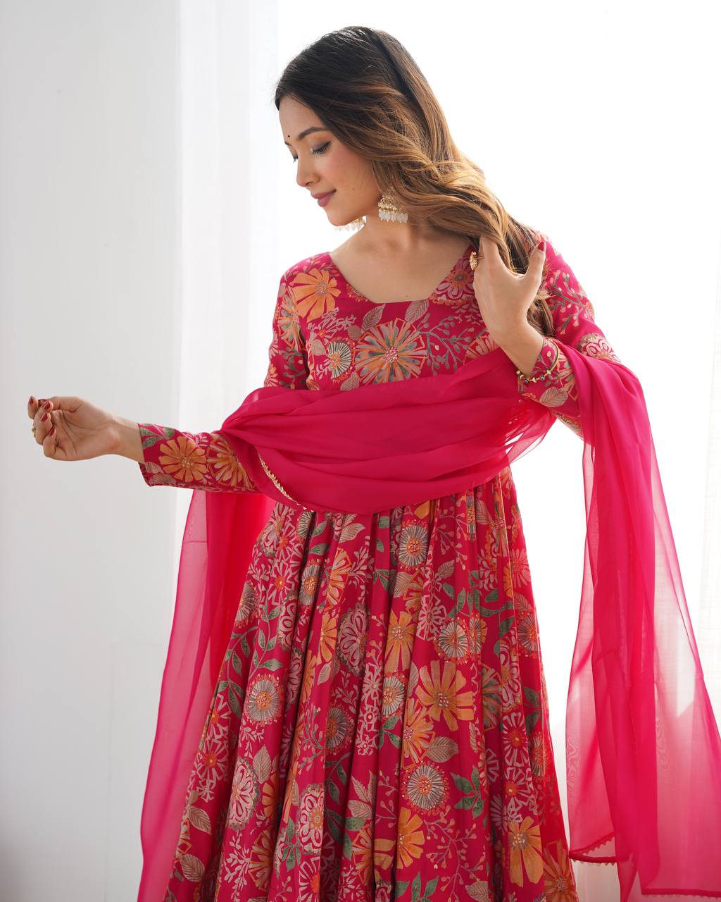 Soft Romansilk Chanderi Discharge Print Kediya Kurta Set with Palazzo and Dupatta - Jaipuri Vastra
