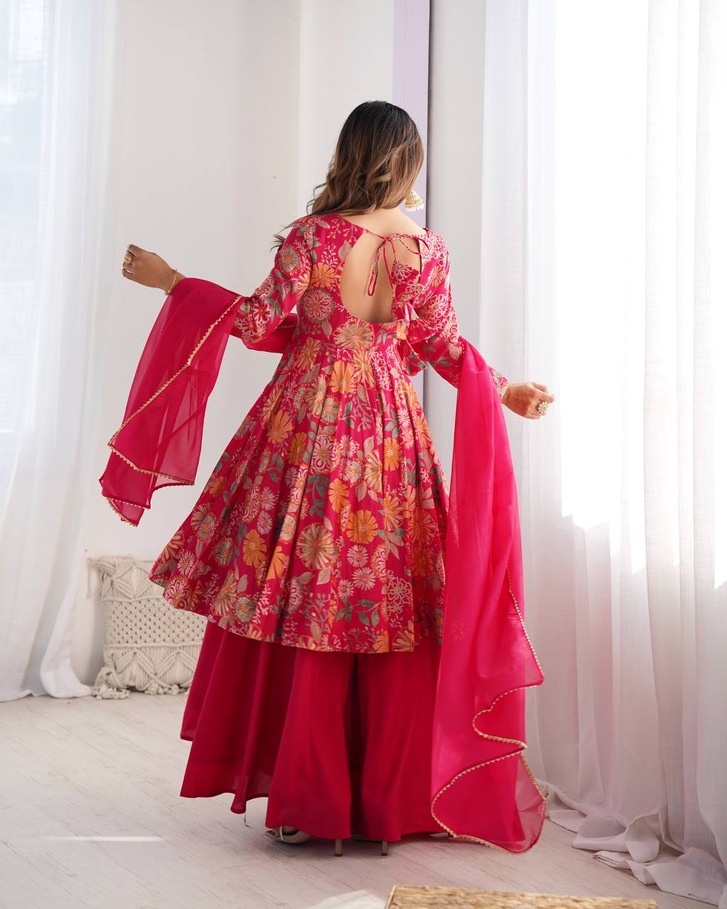 Soft Romansilk Chanderi Discharge Print Kediya Kurta Set with Palazzo and Dupatta - Jaipuri Vastra