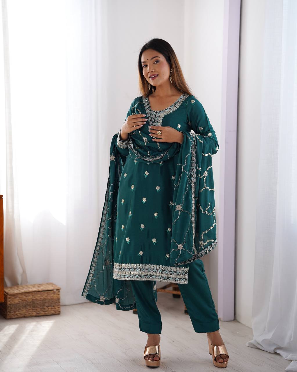 Chinon Silk Thread and Sequin Embroidered Top with Matching Pant and Dupatta - Jaipuri Vastra