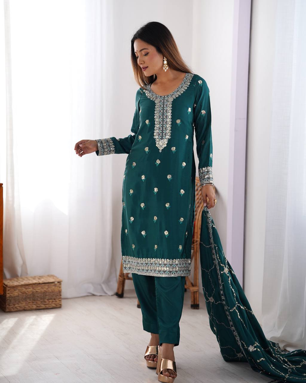 Chinon Silk Thread and Sequin Embroidered Top with Matching Pant and Dupatta - Jaipuri Vastra