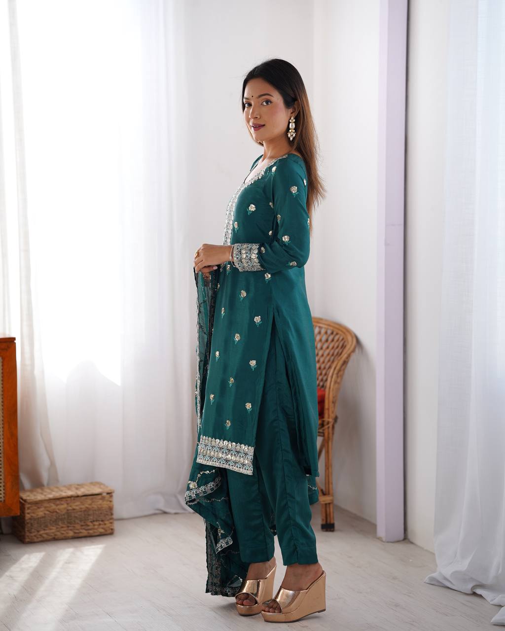 Chinon Silk Thread and Sequin Embroidered Top with Matching Pant and Dupatta - Jaipuri Vastra