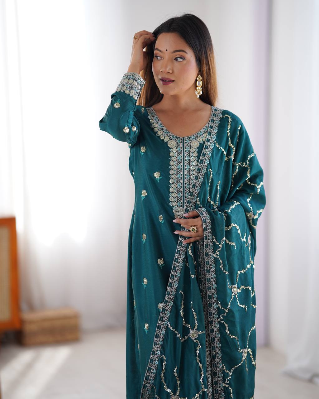 Chinon Silk Thread and Sequin Embroidered Top with Matching Pant and Dupatta - Jaipuri Vastra