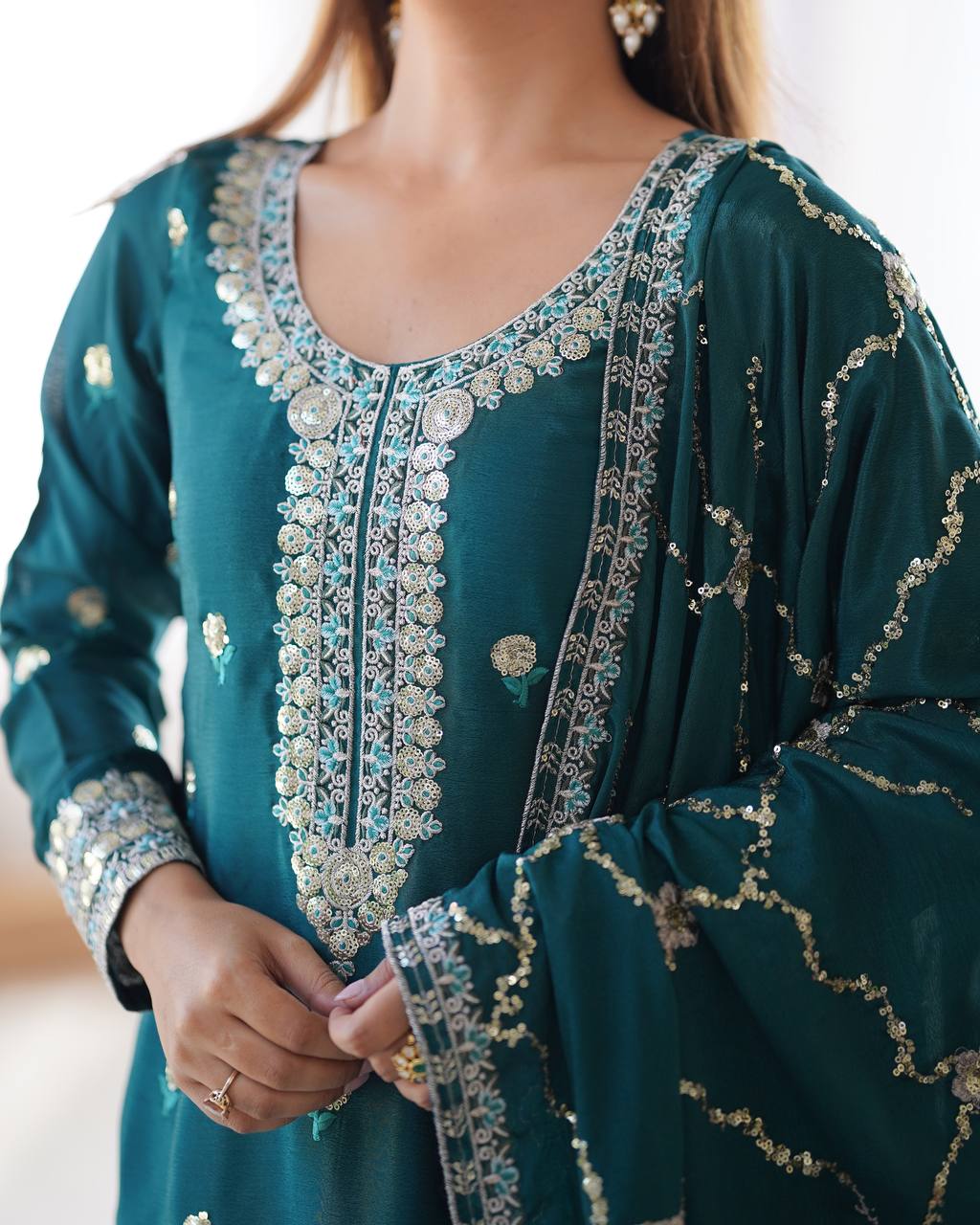 Chinon Silk Thread and Sequin Embroidered Top with Matching Pant and Dupatta - Jaipuri Vastra