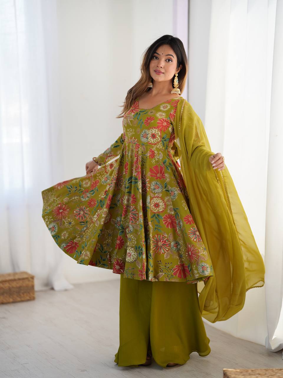 Soft Romansilk Chanderi Discharge Print Kediya Kurta Set with Palazzo and Dupatta - Jaipuri Vastra