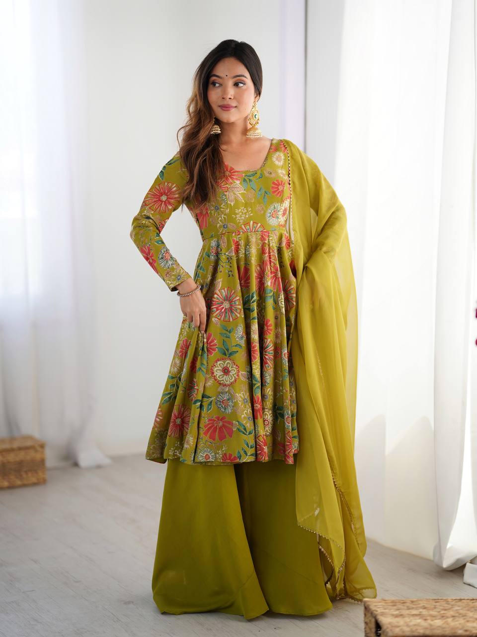 Soft Romansilk Chanderi Discharge Print Kediya Kurta Set with Palazzo and Dupatta - Jaipuri Vastra