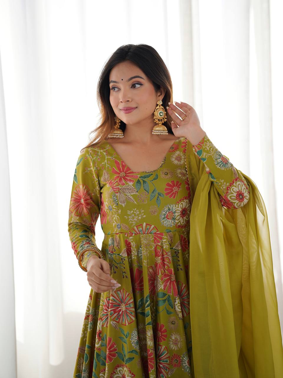 Soft Romansilk Chanderi Discharge Print Kediya Kurta Set with Palazzo and Dupatta - Jaipuri Vastra