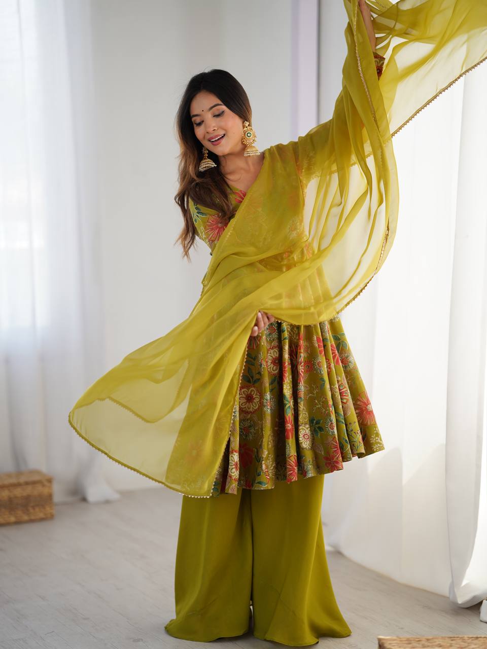 Soft Romansilk Chanderi Discharge Print Kediya Kurta Set with Palazzo and Dupatta - Jaipuri Vastra