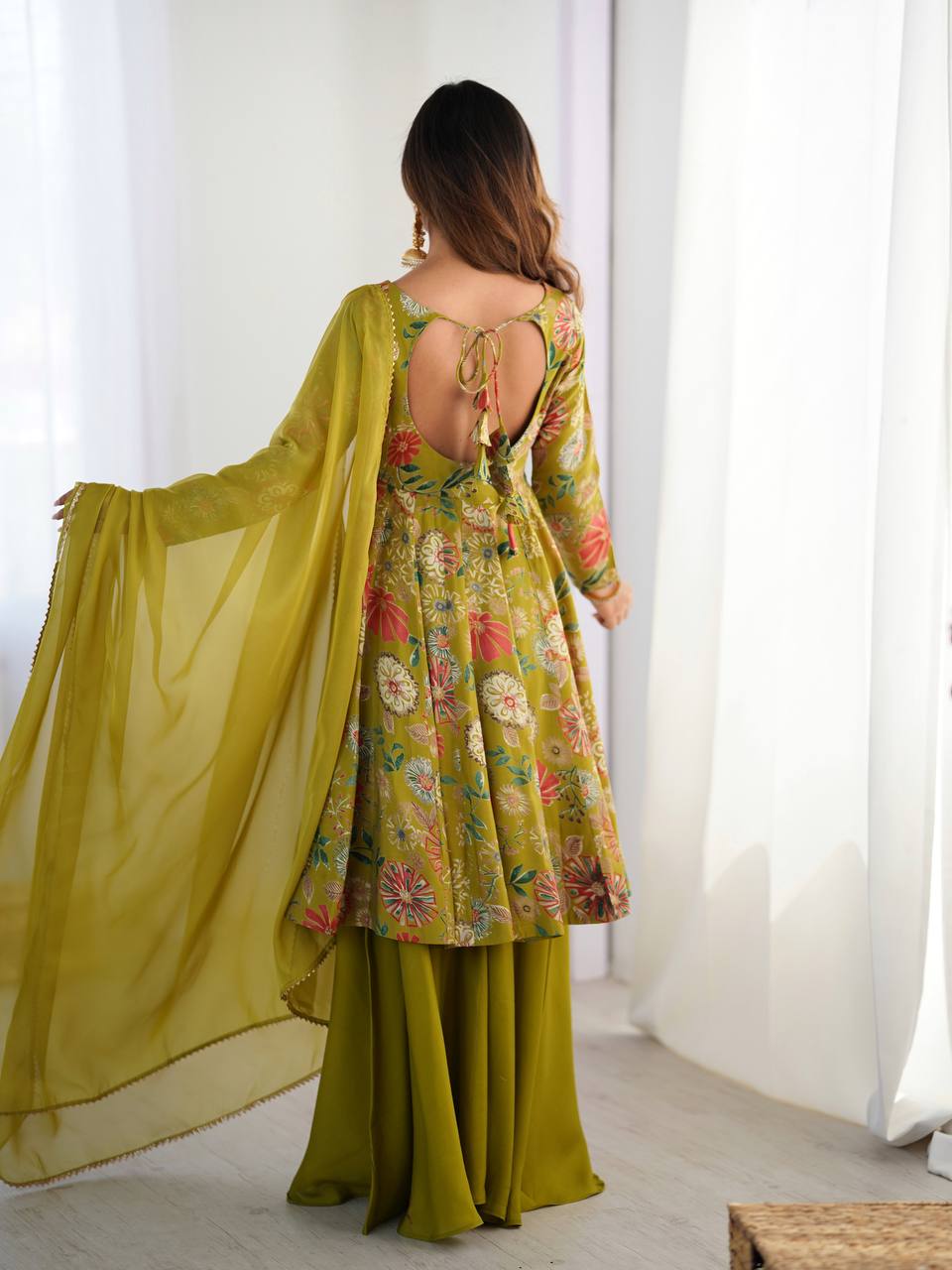 Soft Romansilk Chanderi Discharge Print Kediya Kurta Set with Palazzo and Dupatta - Jaipuri Vastra