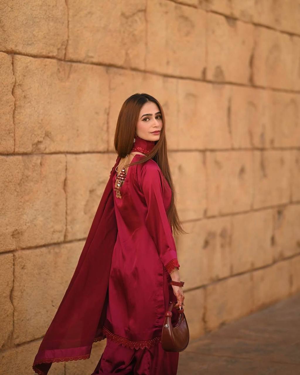 Premium French Crape Farsi Salwar Suit Featuring Sequence Embroidered Sleeves and Front-Back