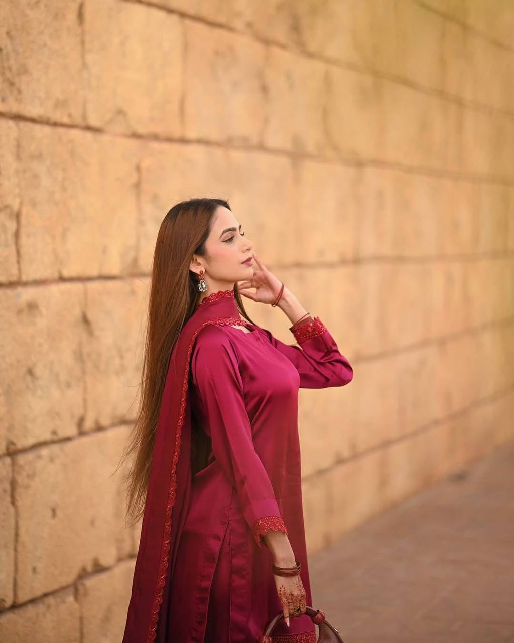 Premium French Crape Farsi Salwar Suit Featuring Sequence Embroidered Sleeves and Front-Back