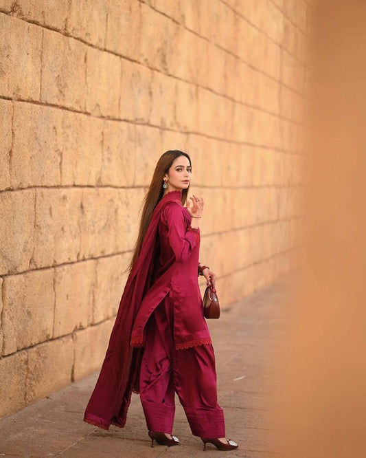 Premium French Crape Farsi Salwar Suit Featuring Sequence Embroidered Sleeves and Front-Back