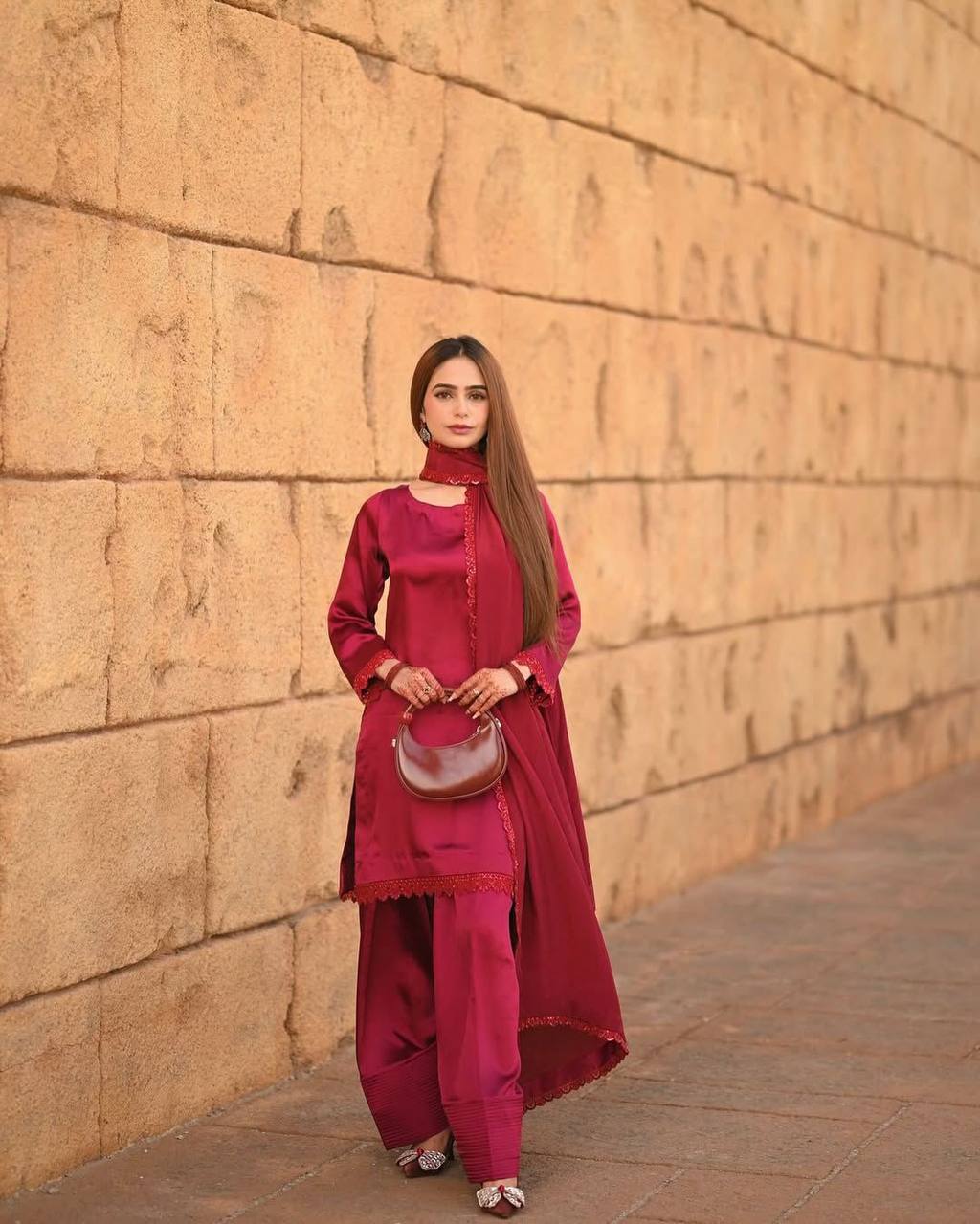 Premium French Crape Farsi Salwar Suit Featuring Sequence Embroidered Sleeves and Front-Back