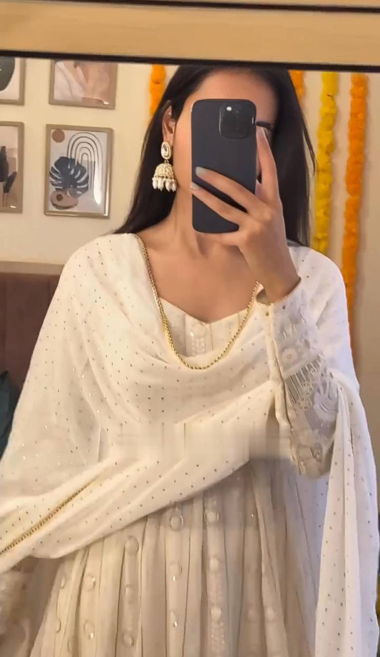 Designer Three Piece Anarkali Suit in Faux Blooming with Heavy Sequins and Thread Work - Jaipuri Vastra