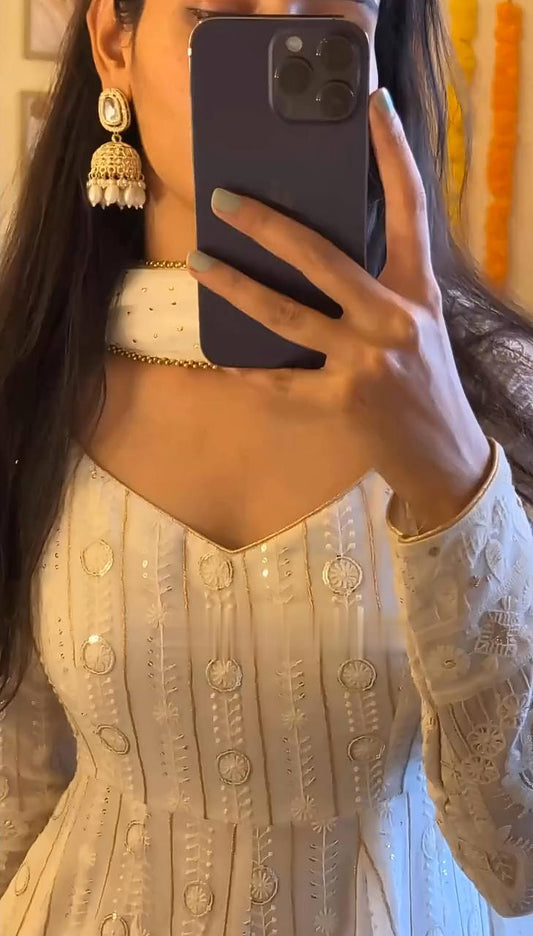 Designer Three Piece Anarkali Suit in Faux Blooming with Heavy Sequins and Thread Work - Jaipuri Vastra