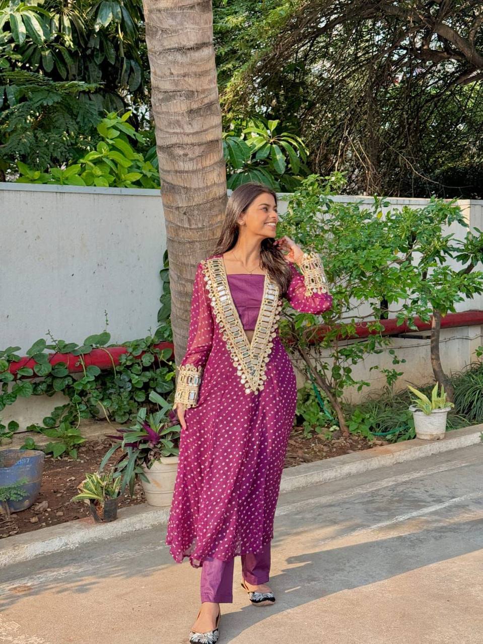 Modern Three-Piece Ready-to-Wear Kurta Set in Digital Printed Chinon with Embroidery and Mirror Work