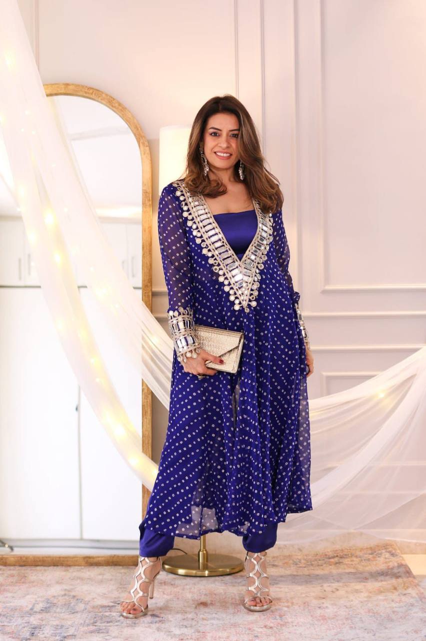 Modern Three-Piece Ready-to-Wear Kurta Set in Digital Printed Chinon with Embroidery and Mirror Work