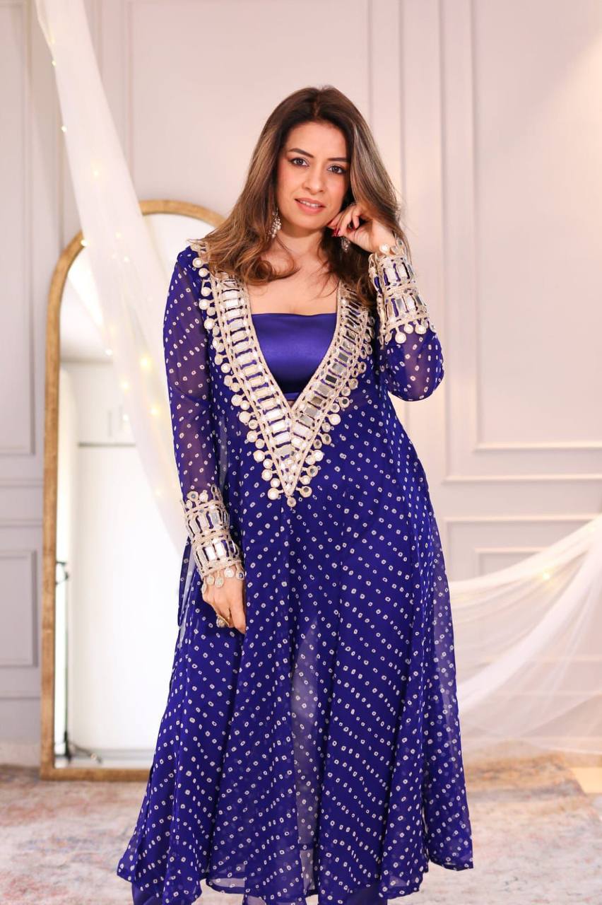 Modern Three-Piece Ready-to-Wear Kurta Set in Digital Printed Chinon with Embroidery and Mirror Work