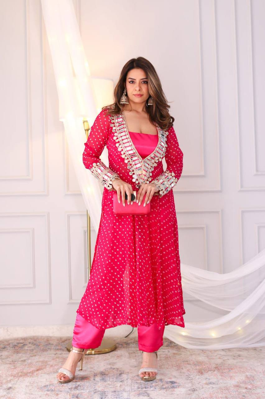 Modern Three-Piece Ready-to-Wear Kurta Set in Digital Printed Chinon with Embroidery and Mirror Work
