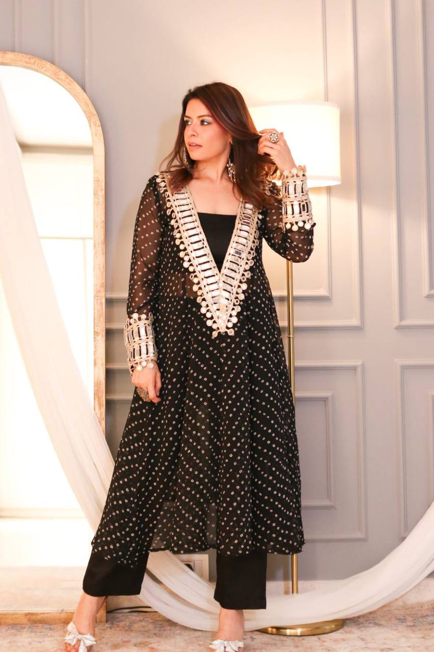 Modern Three-Piece Ready-to-Wear Kurta Set in Digital Printed Chinon with Embroidery and Mirror Work