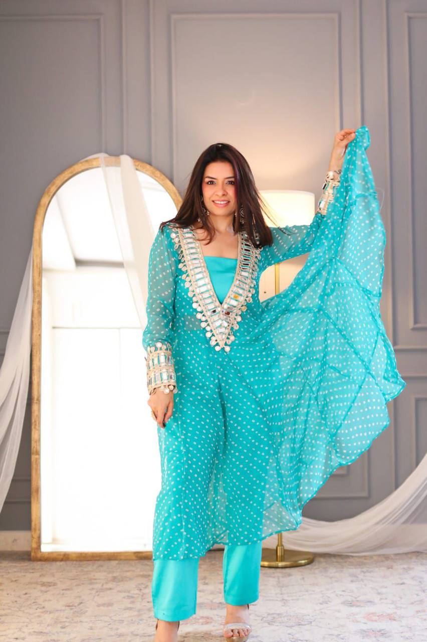 Modern Three-Piece Ready-to-Wear Kurta Set in Digital Printed Chinon with Embroidery and Mirror Work