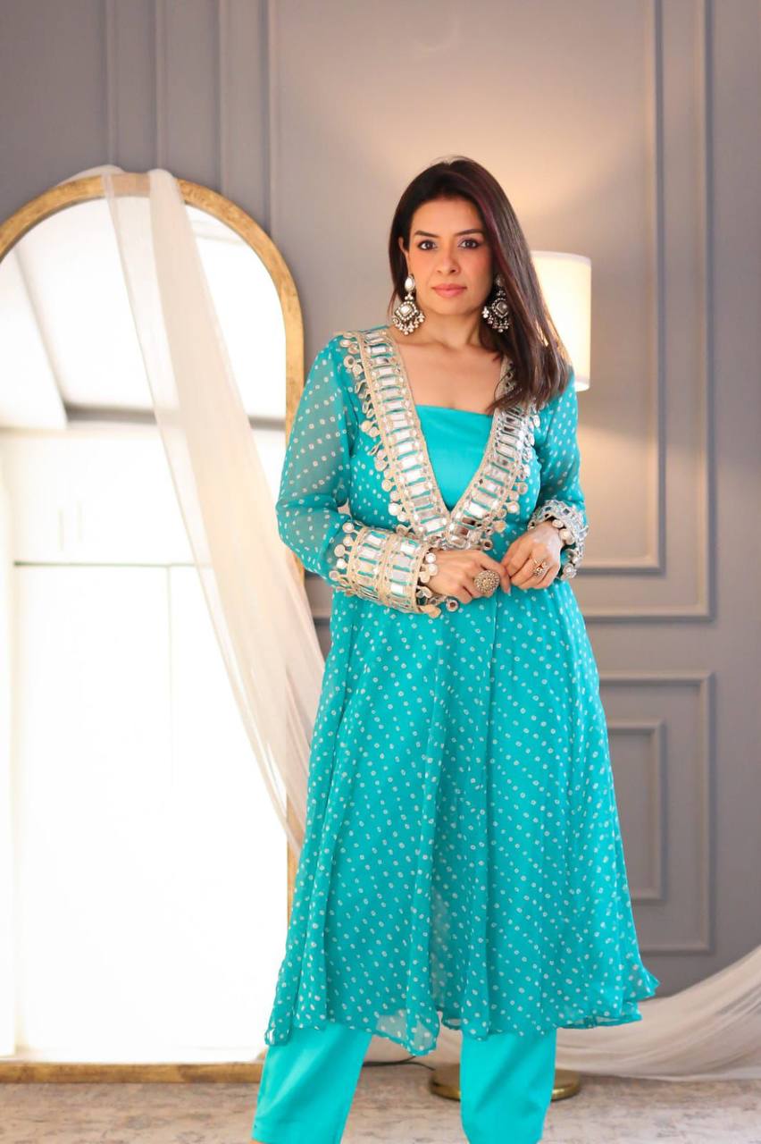 Modern Three-Piece Ready-to-Wear Kurta Set in Digital Printed Chinon with Embroidery and Mirror Work
