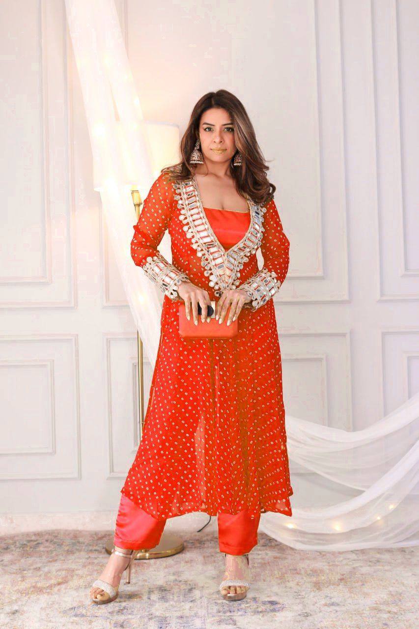 Modern Three-Piece Ready-to-Wear Kurta Set in Digital Printed Chinon with Embroidery and Mirror Work
